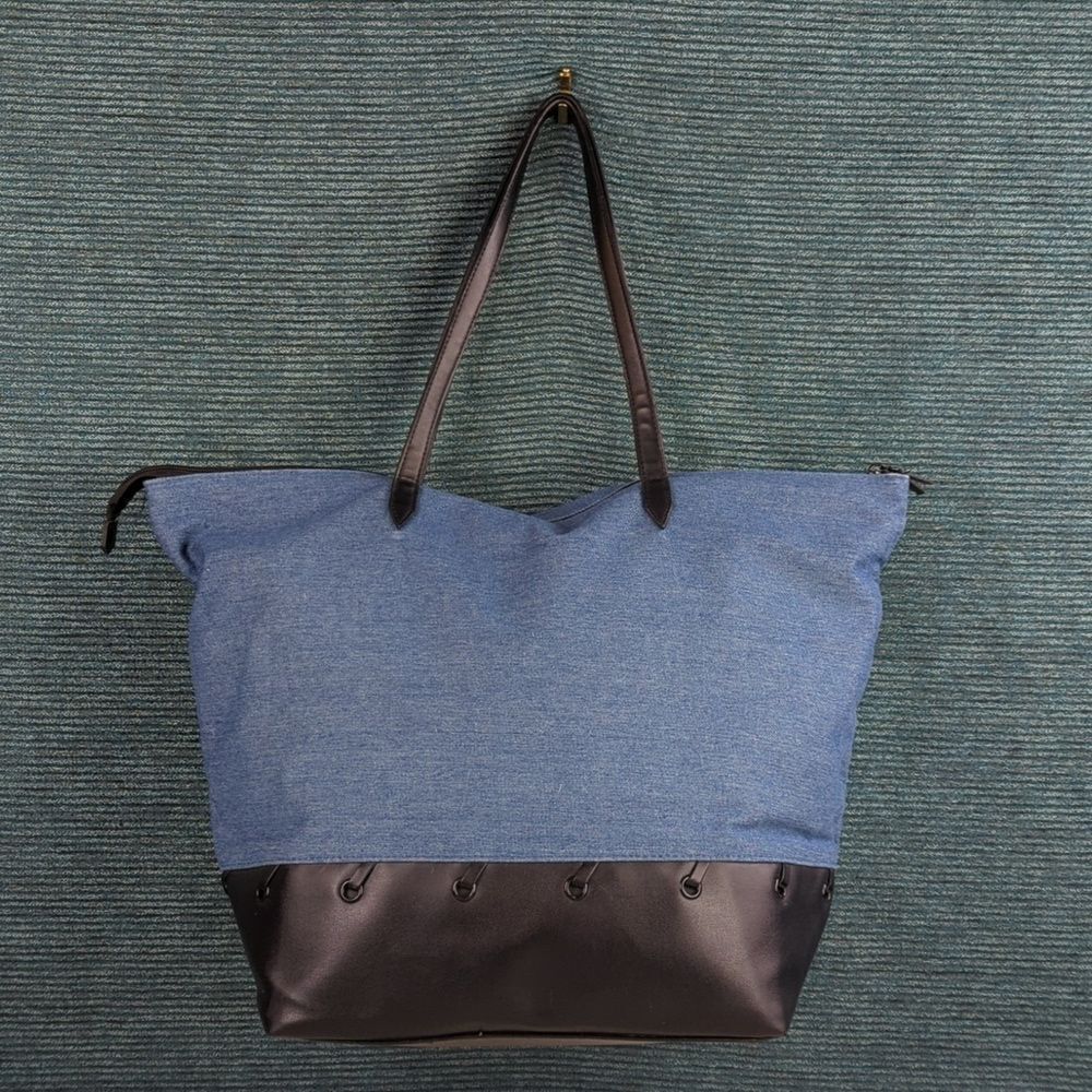 Victoria's Secret Blue & Black Denim & PU Lightweight Tote Bag - Picture 3 of 12